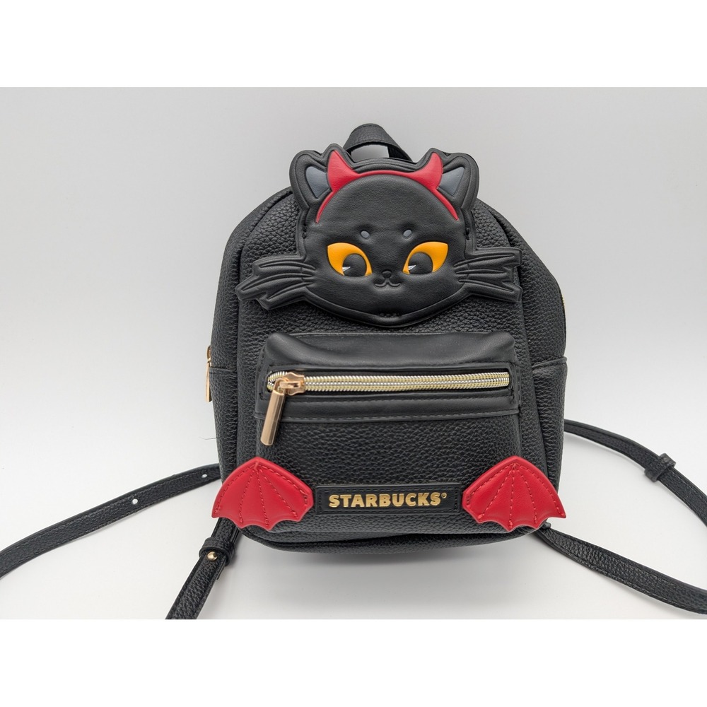Starbucks Halloween Black Cat Bat Wing Mini Backpack Crossbody Bag Black Red